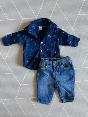 Osh Kosh|Baby boy nautical set,Navy sailboat Button-Up Shirt & Blue Denim Pants•
